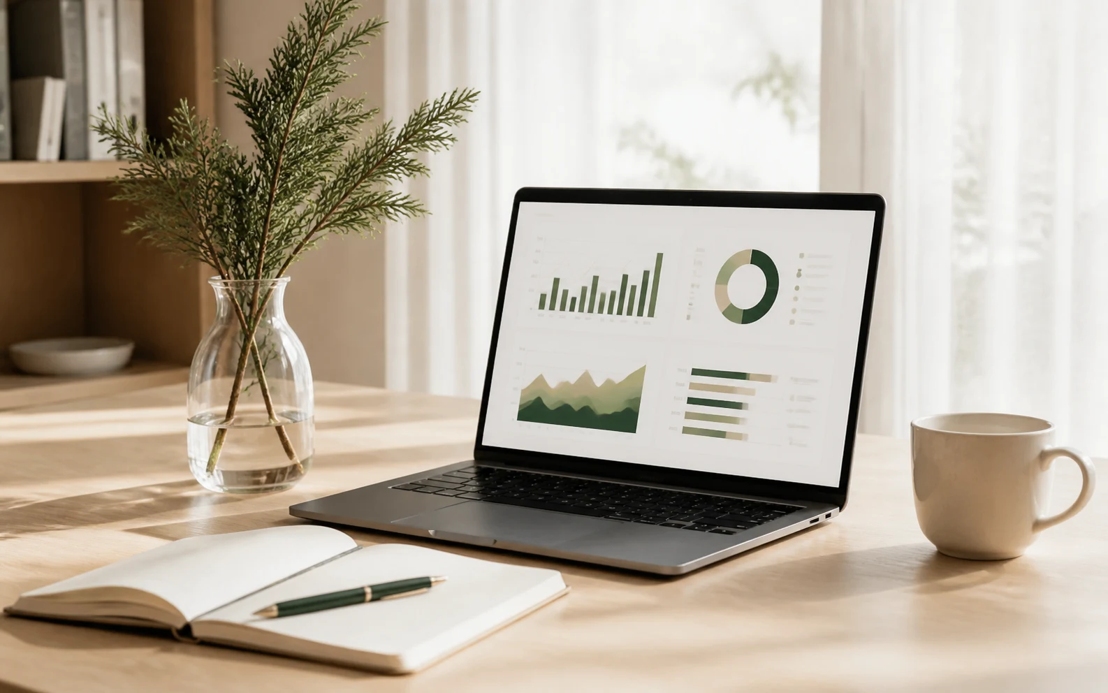 A bright accounting workspace with a laptop displaying abstract financial charts, evergreen stems, a notebook, and coffee